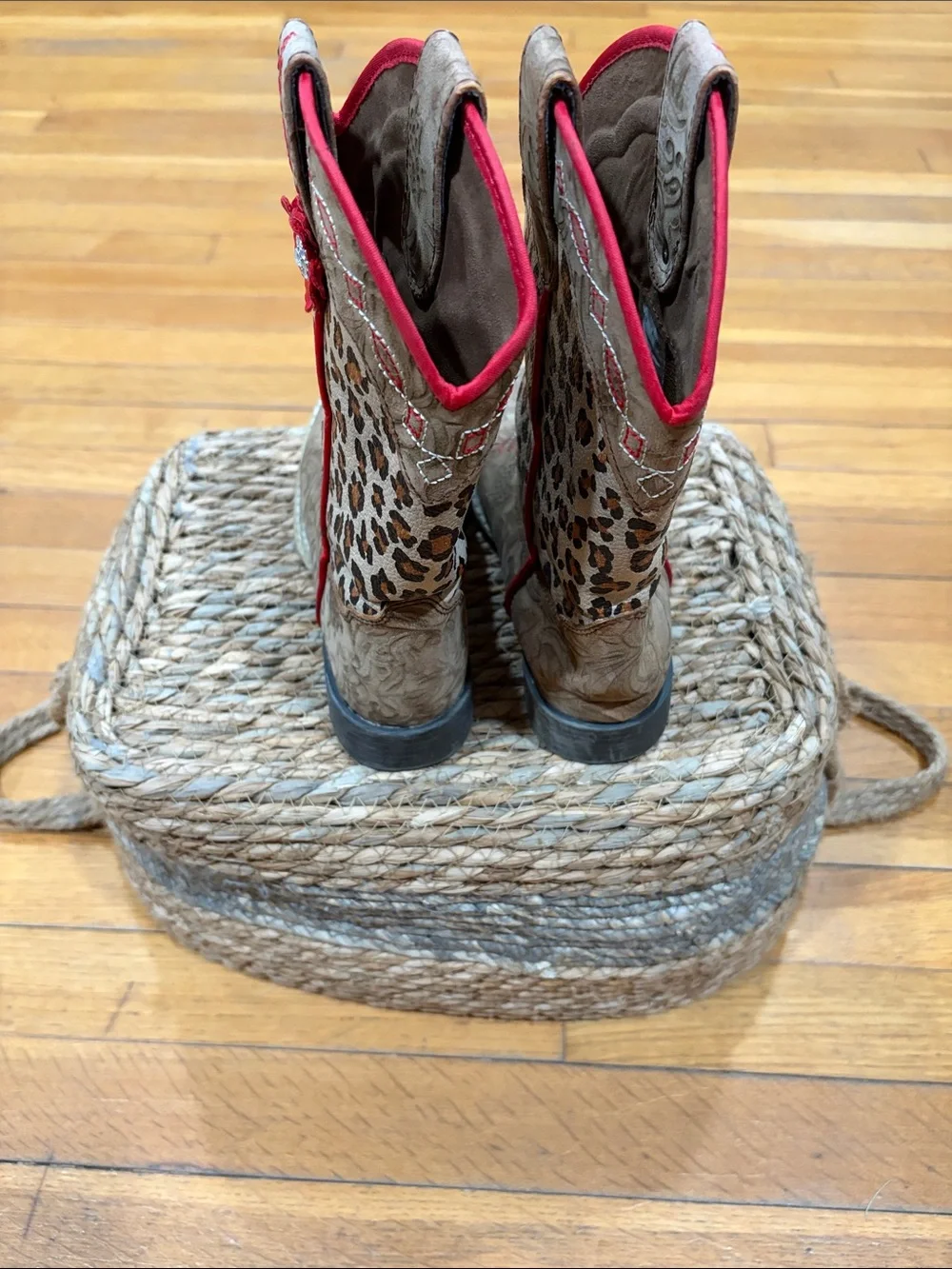 Twister Leopard Print Kids Western Boots with Red Trim & Flower